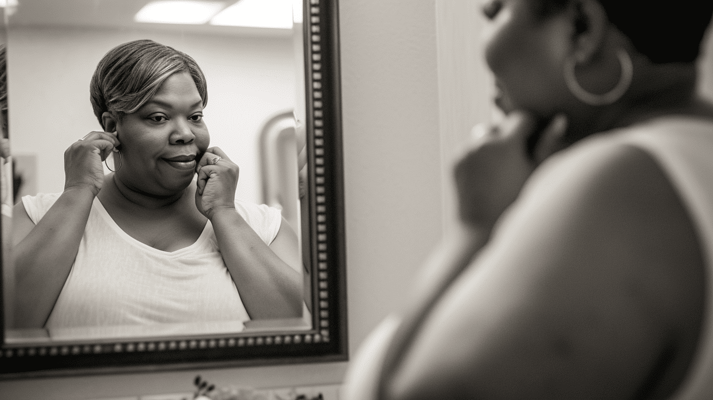 Gastric Bypass Patient looks in the mirror reflecting on her journey