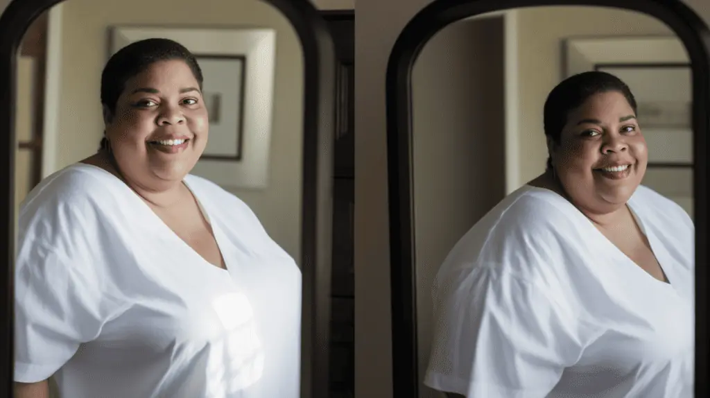 Proud gastric bypass patient lookiung in the mirror